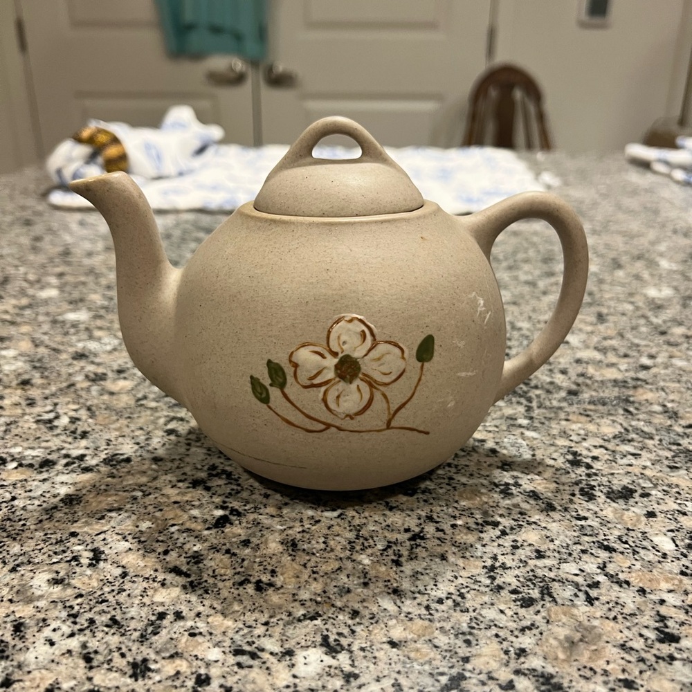 Pigeon Forge Pottery Floral Beige Teapot with green interior